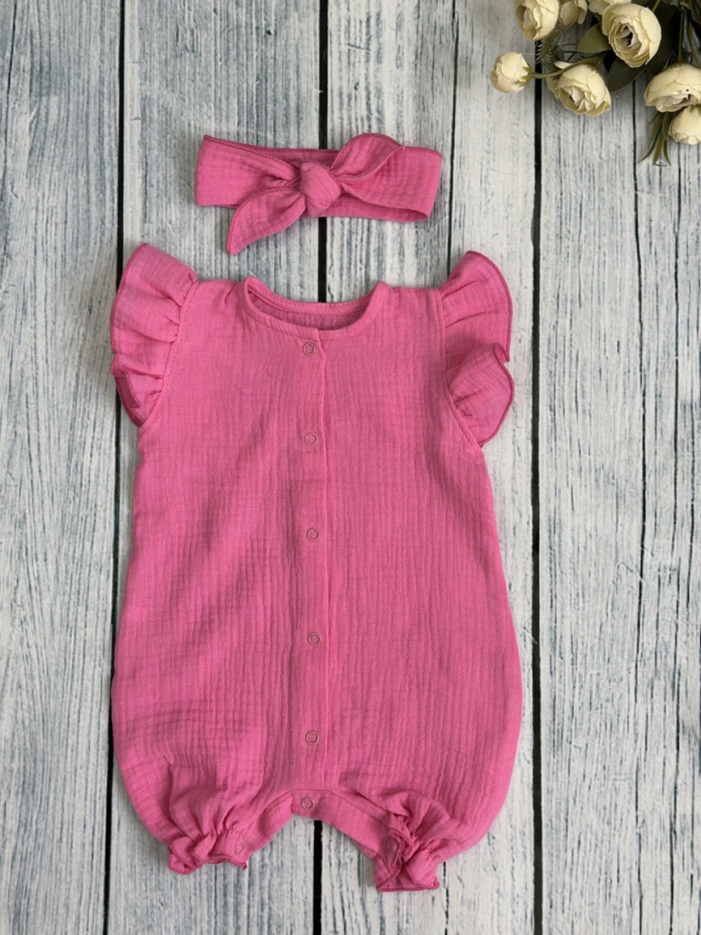 341-Ф. Песочник с повязкой для девочки из муслина, хлопок 100%, р 62,68,74,80 фуксия